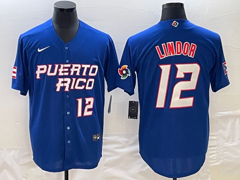 Men 2023 World Cub Puerto Rico 12 Lindor Blue Nike MLB Jersey10
